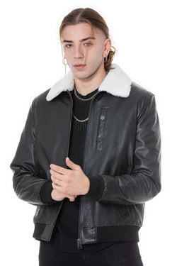 Image of Herren-Bomberjacke aus echtem Leder mit Shearling-Futter, schwarzem Nappa und weißer gelockter Wolle