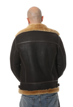 Image of Lammfell-Bikerjacke für Herren, verwaschenes Braun mit Ingwerwolle