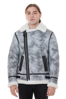 Image of Lammfell-Bikerjacke für Herren, Natural Dying Grey mit weißer Wolle