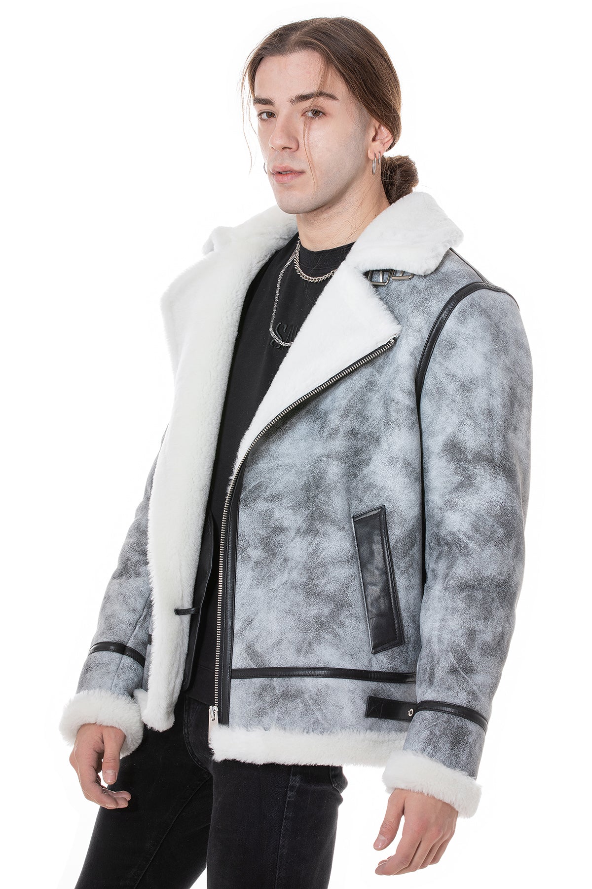 Lammfell-Bikerjacke für Herren, Natural Dying Grey mit weißer Wolle