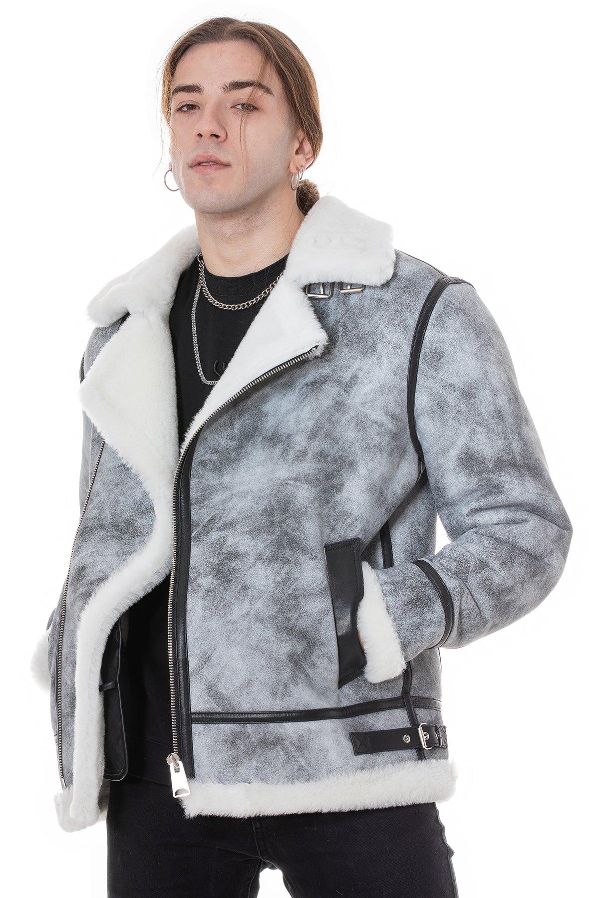 Lammfell-Bikerjacke für Herren, Natural Dying Grey mit weißer Wolle