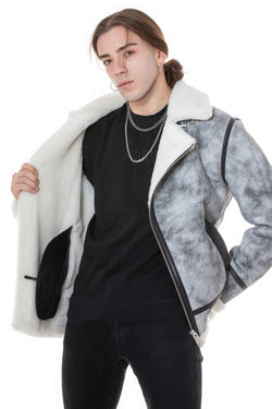 Image of Lammfell-Bikerjacke für Herren, Natural Dying Grey mit weißer Wolle