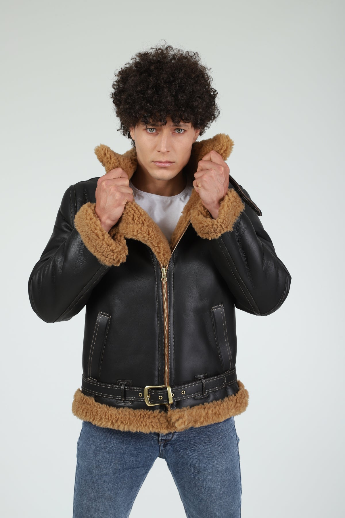 Shearling Flying Jacket für Herren, seidiges Braun mit Ginger Curly Wool