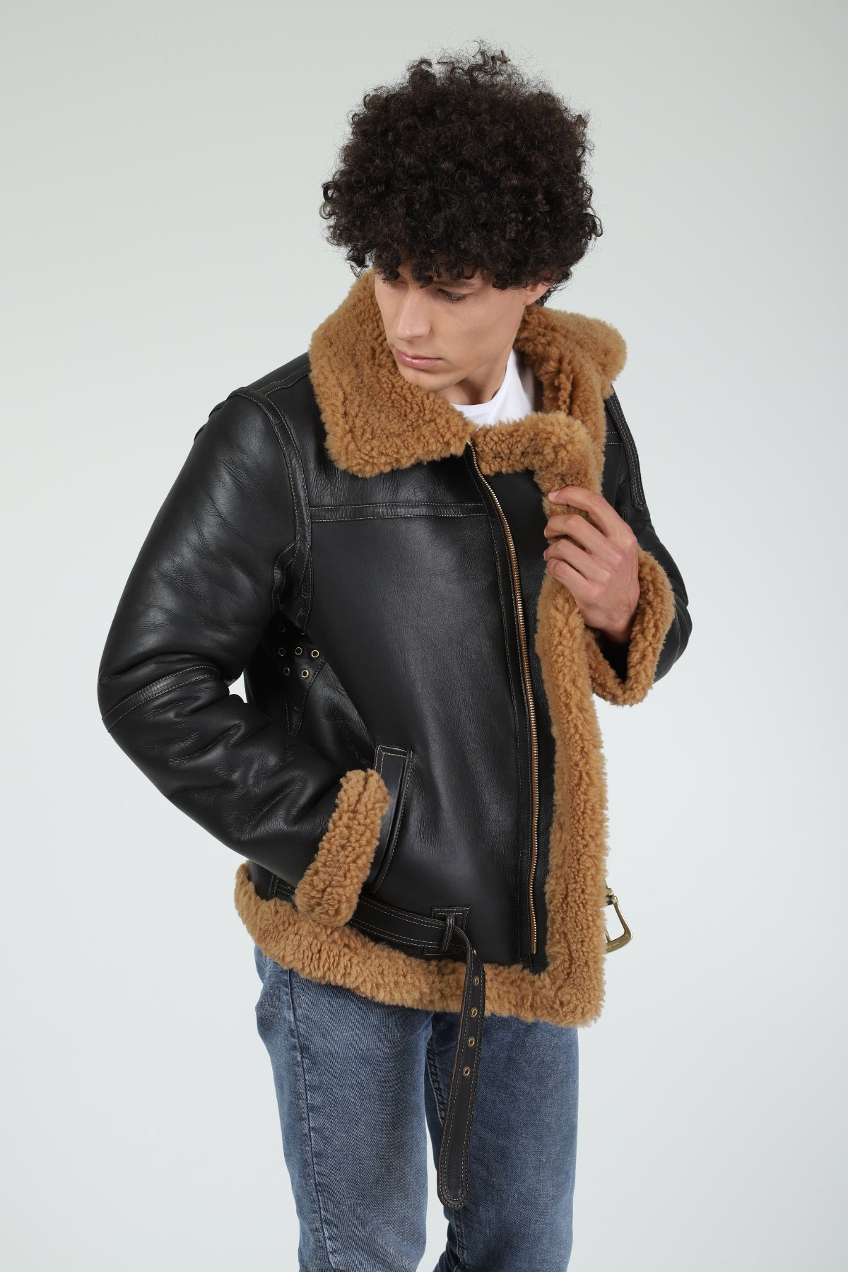 Shearling Flying Jacket für Herren, seidiges Braun mit Ginger Curly Wool