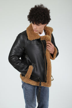 Image of Shearling Flying Jacket für Herren, seidiges Braun mit Ginger Curly Wool