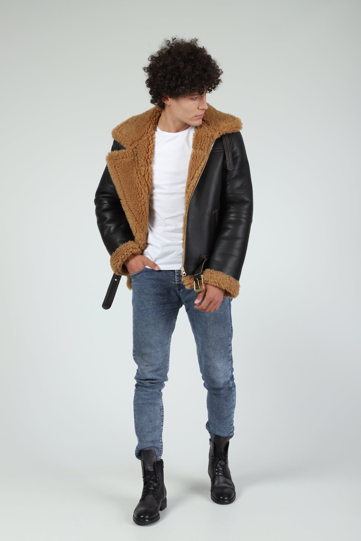 Shearling Flying Jacket für Herren, seidiges Braun mit Ginger Curly Wool