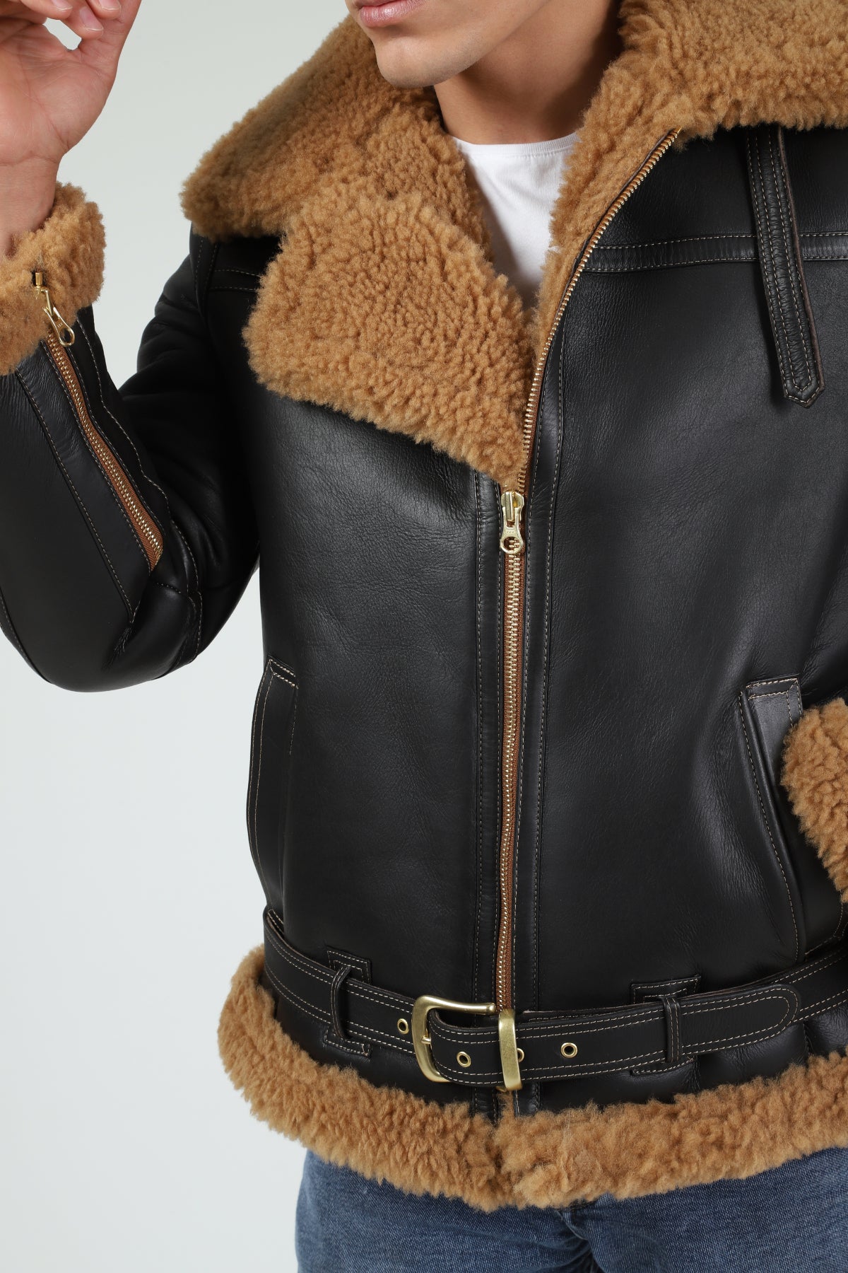 Shearling Flying Jacket für Herren, seidiges Braun mit Ginger Curly Wool