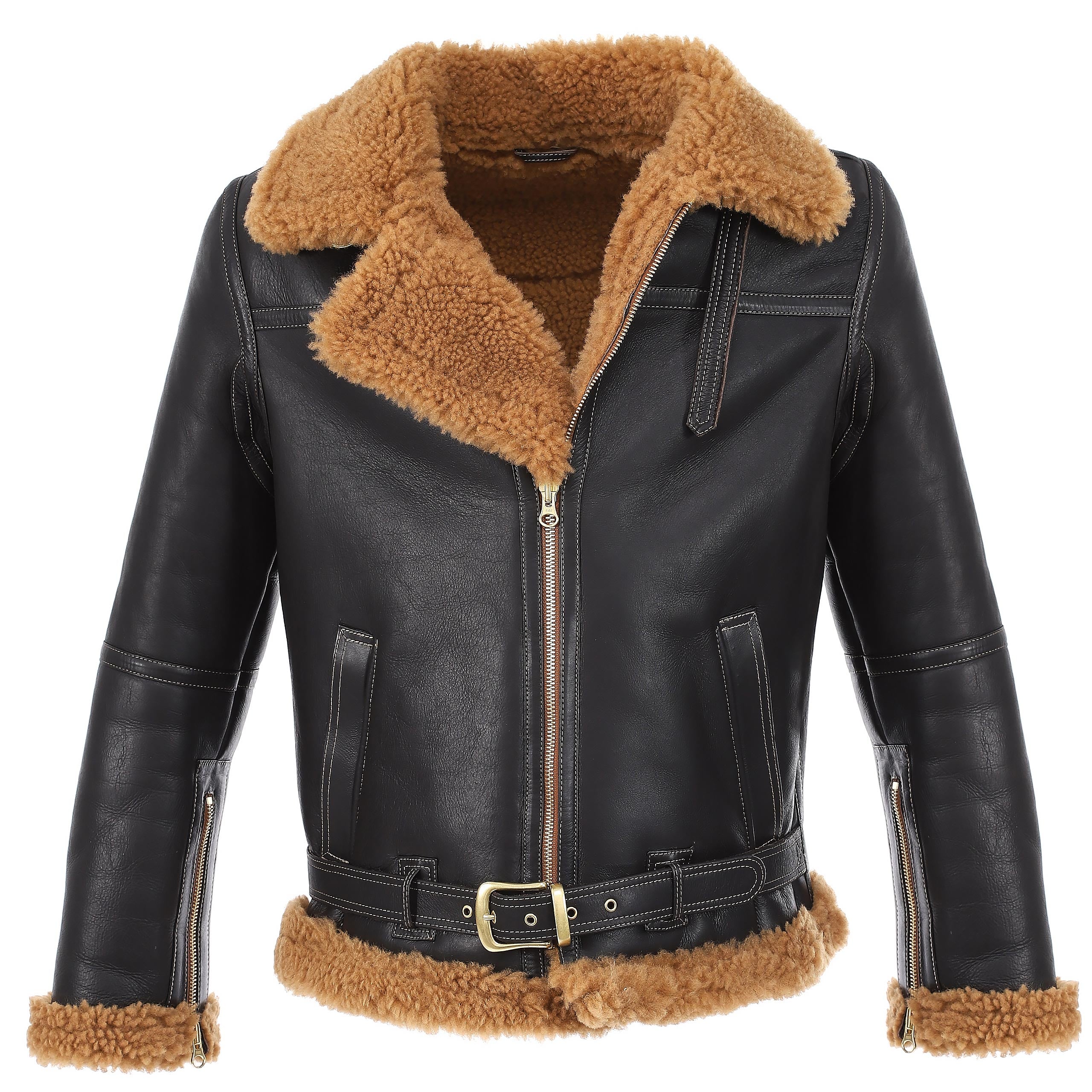 Shearling Flying Jacket für Herren, seidiges Braun mit Ginger Curly Wool