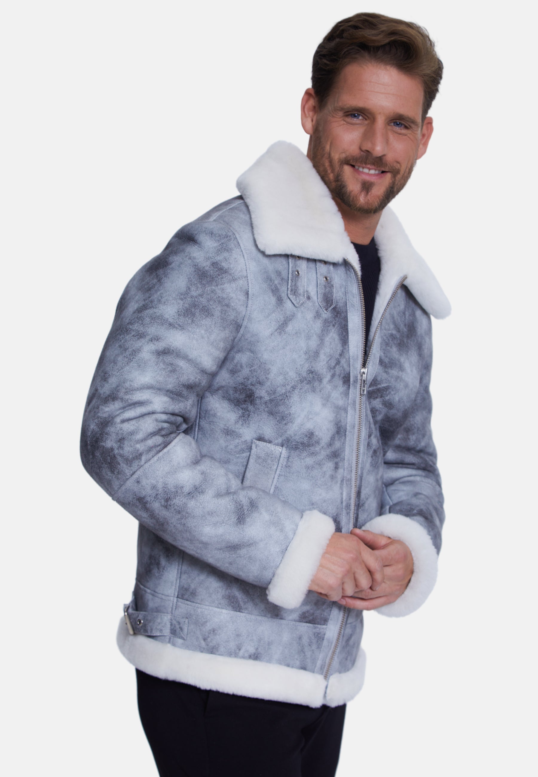 Men's Shearling Aviator Jacket, Jungle Greey White Wool