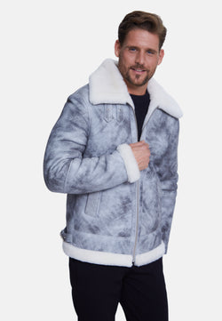 Image of Men's Shearling Aviator Jacket, Jungle Greey White Wool