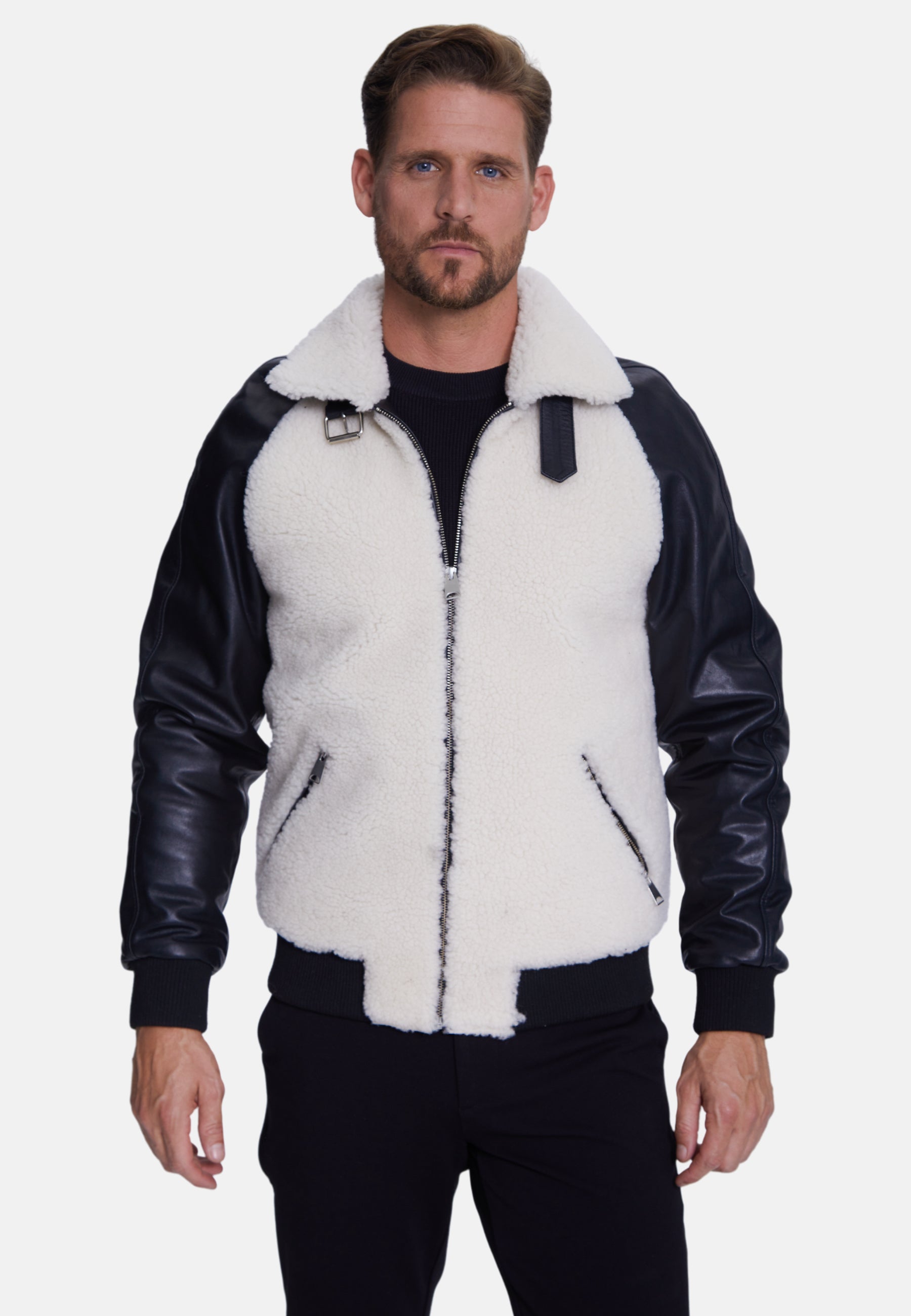 Men's Shearling Jacket, Silky Black With White Curly Wool