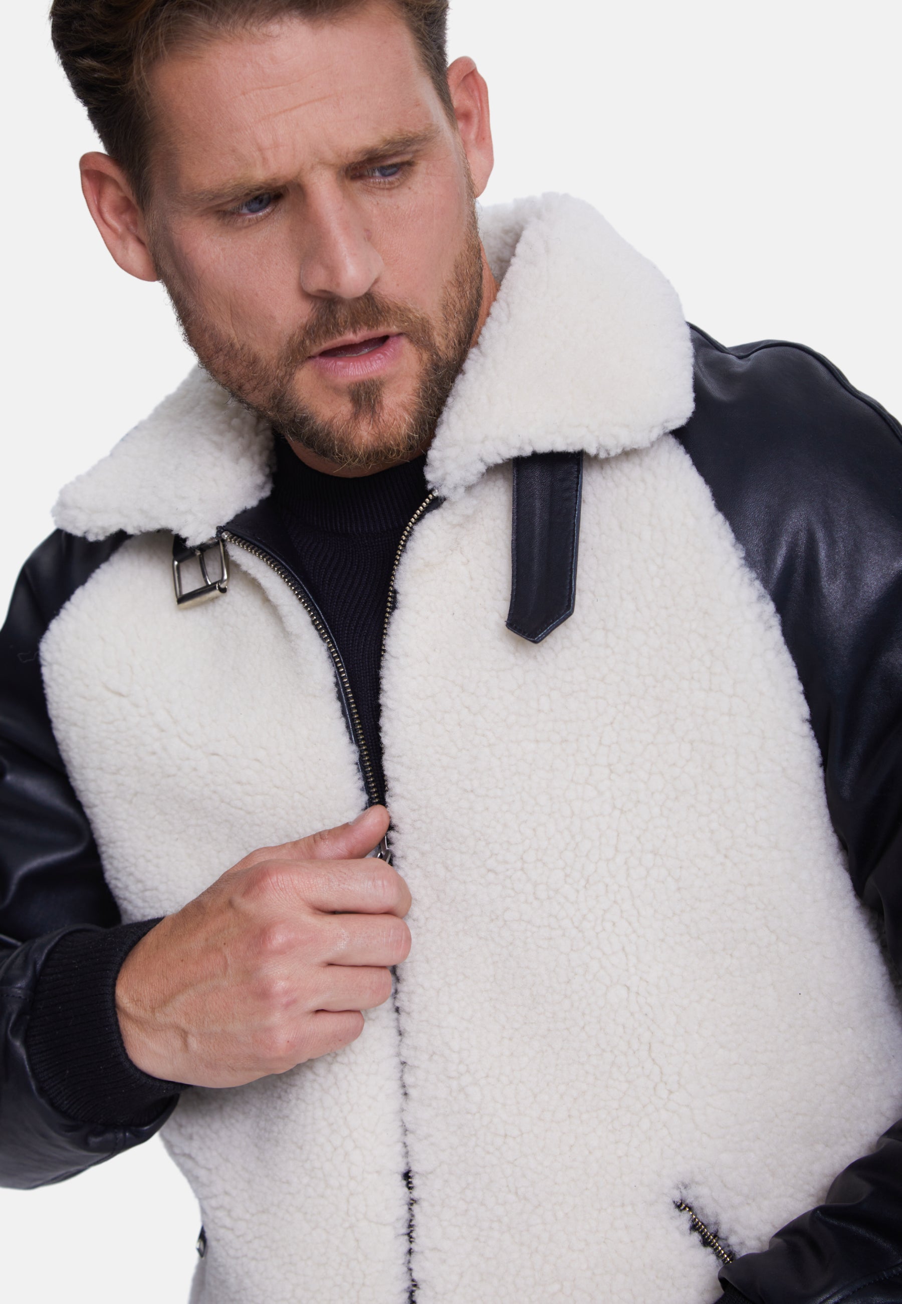 Men's Shearling Jacket, Silky Black With White Curly Wool