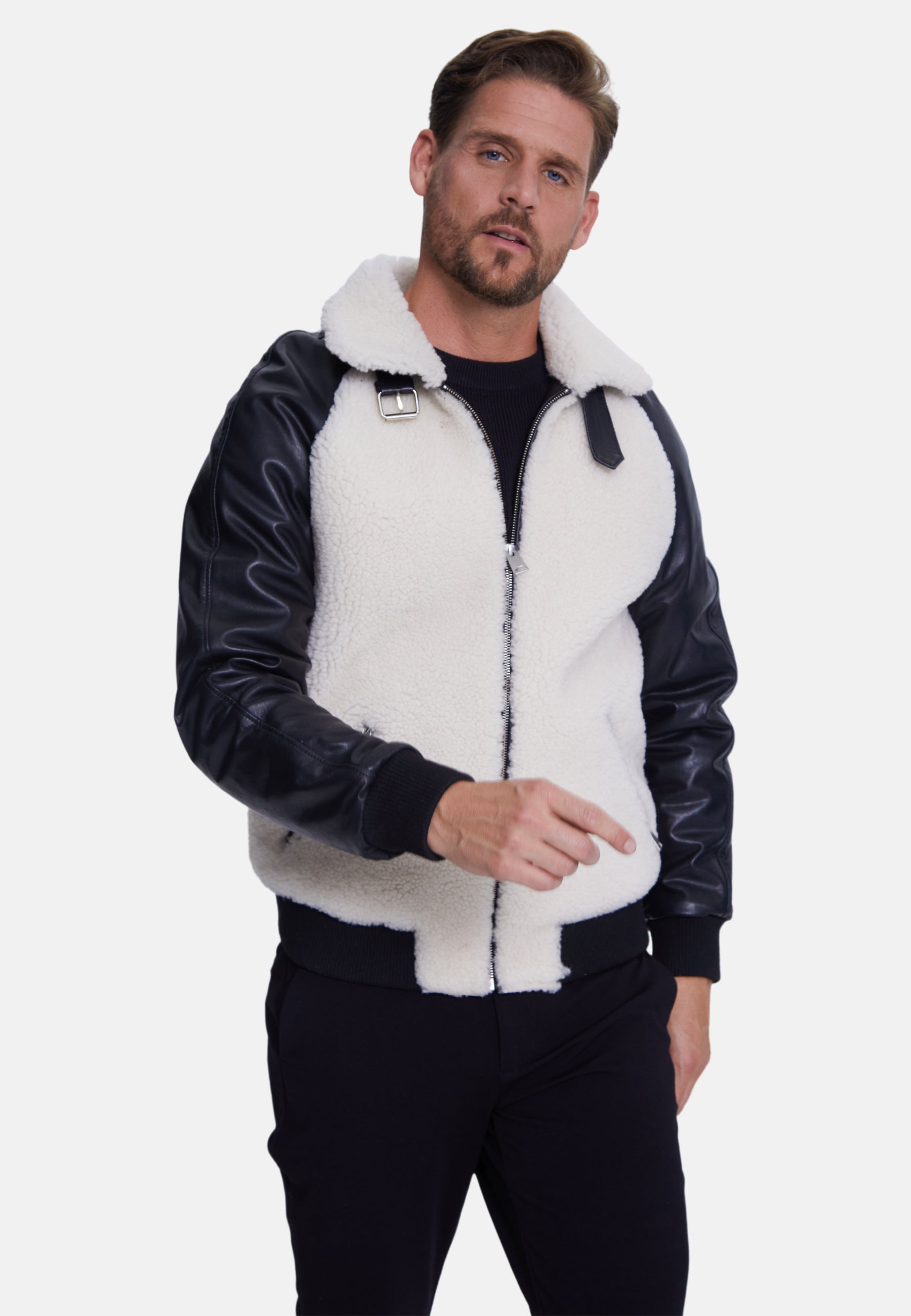 Men's Shearling Jacket, Silky Black With White Curly Wool