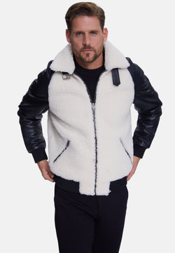 Image of Men's Shearling Jacket, Silky Black With White Curly Wool