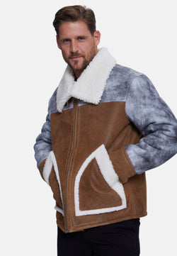 Image of Men's Fashion Jacket, Stoning Light Brown With White Curly Wool