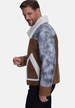 Image of Men's Fashion Jacket, Stoning Light Brown With White Curly Wool