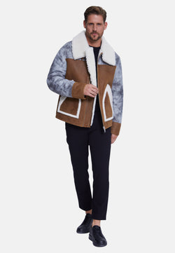 Image of Men's Fashion Jacket, Stoning Light Brown With White Curly Wool