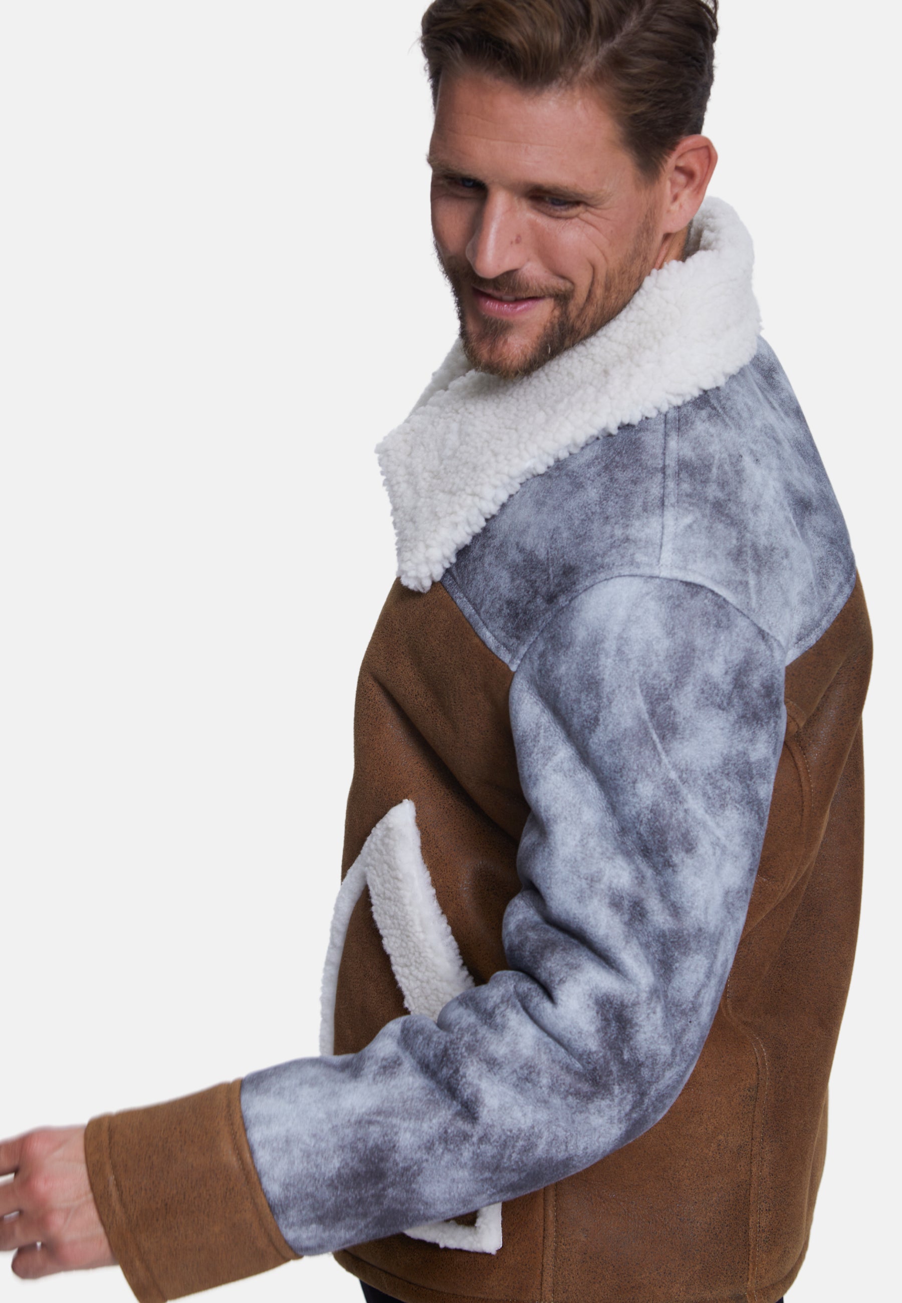 Men's Fashion Jacket, Stoning Light Brown With White Curly Wool