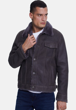 Image of Men's Suede Casual Jacket, Washed Anthracite With Anthracite Wool