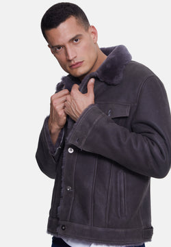 Image of Men's Suede Casual Jacket, Washed Anthracite With Anthracite Wool