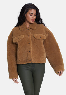 Image of Women's Shearling Jacket, Silky Brown Ginger Curly Wool