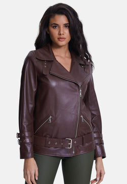 Image of Women's Genuine Leather Belted Biker Jacket,Nappa Brown