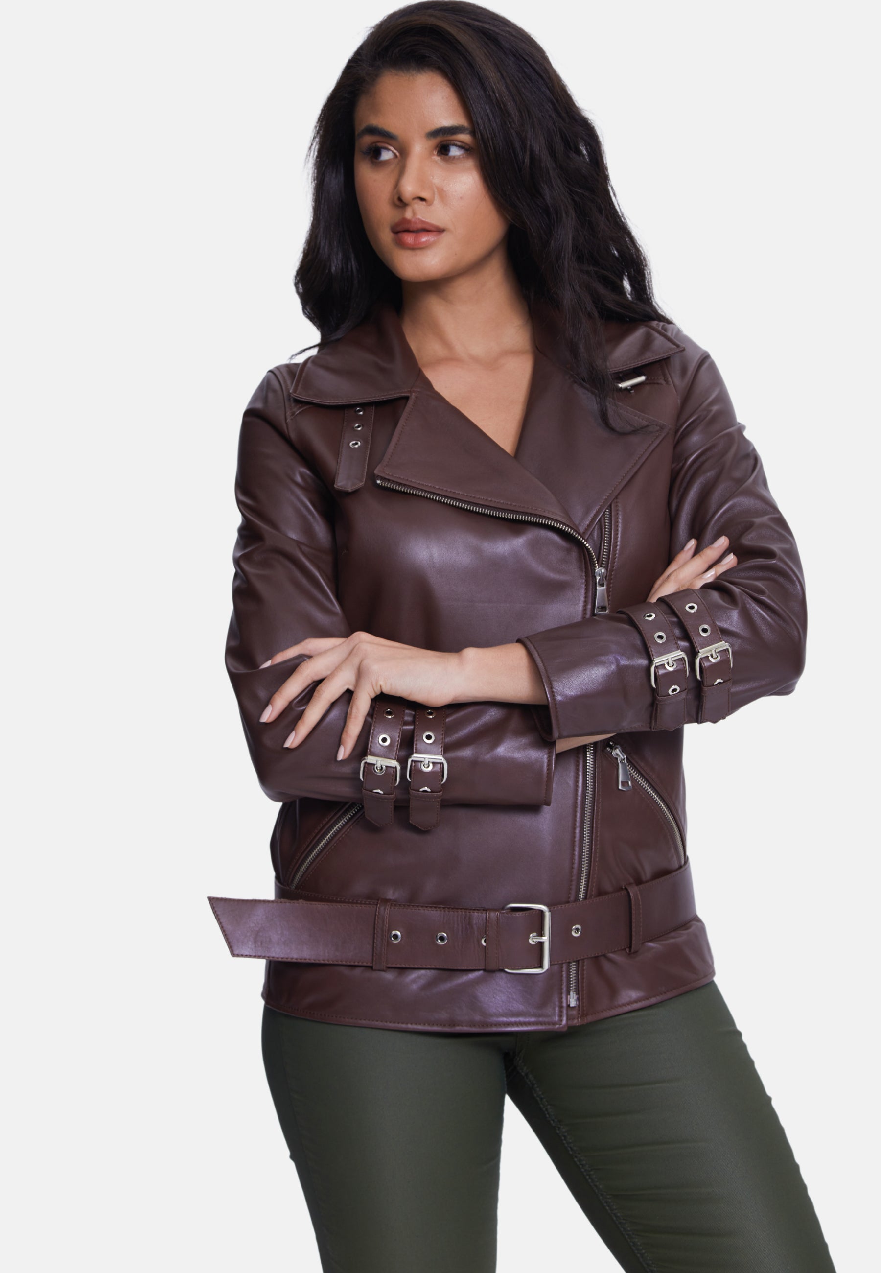 Women's Genuine Leather Belted Biker Jacket,Nappa Brown