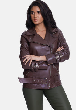 Image of Women's Genuine Leather Belted Biker Jacket,Nappa Brown