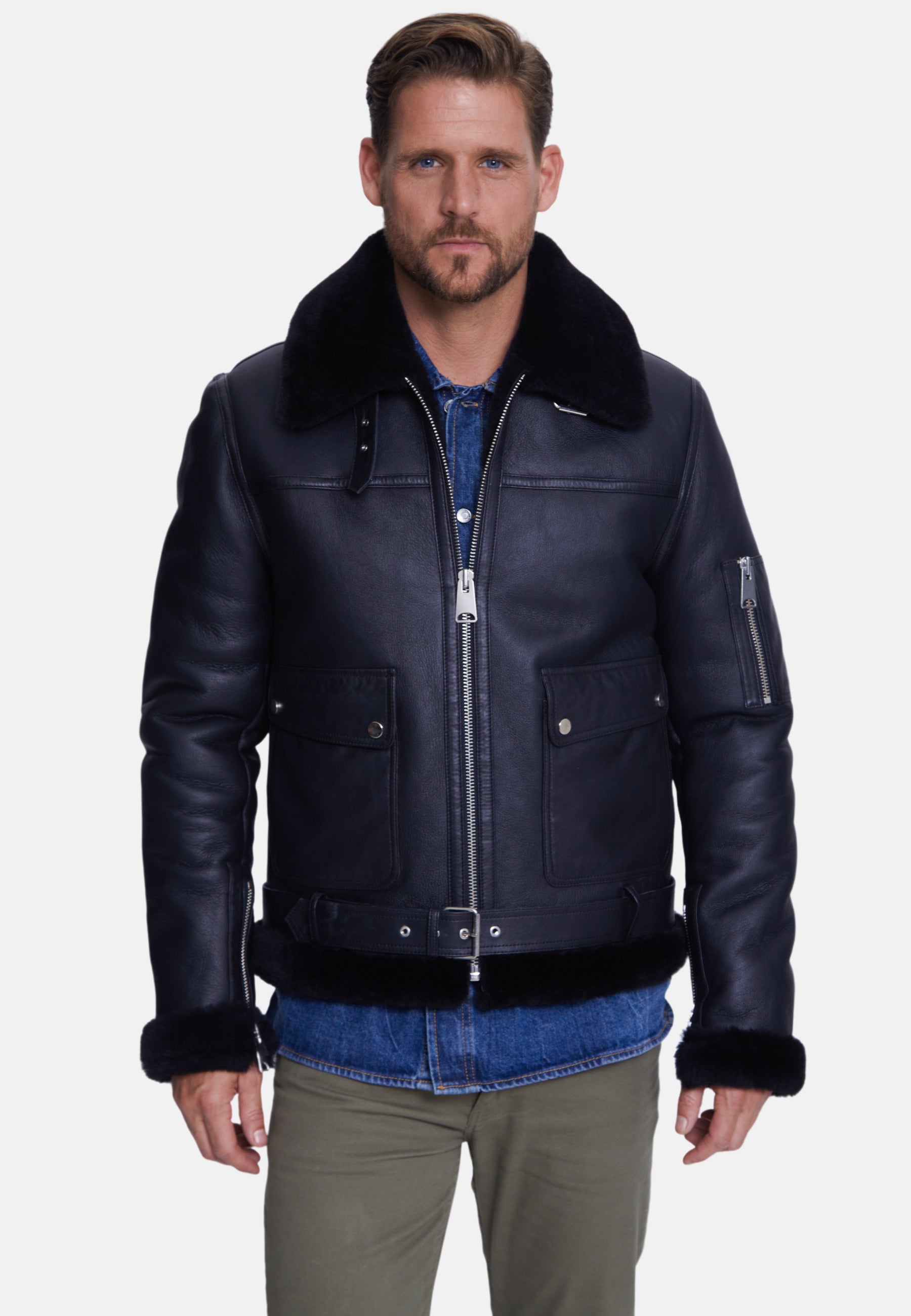 Men's Shearling Belted Pilot Jacket,  Silky Black with Black Wool