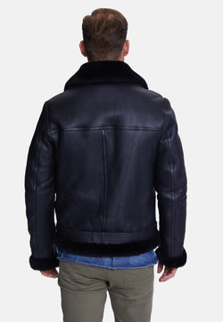 Image of Men's Shearling Belted Pilot Jacket,  Silky Black with Black Wool