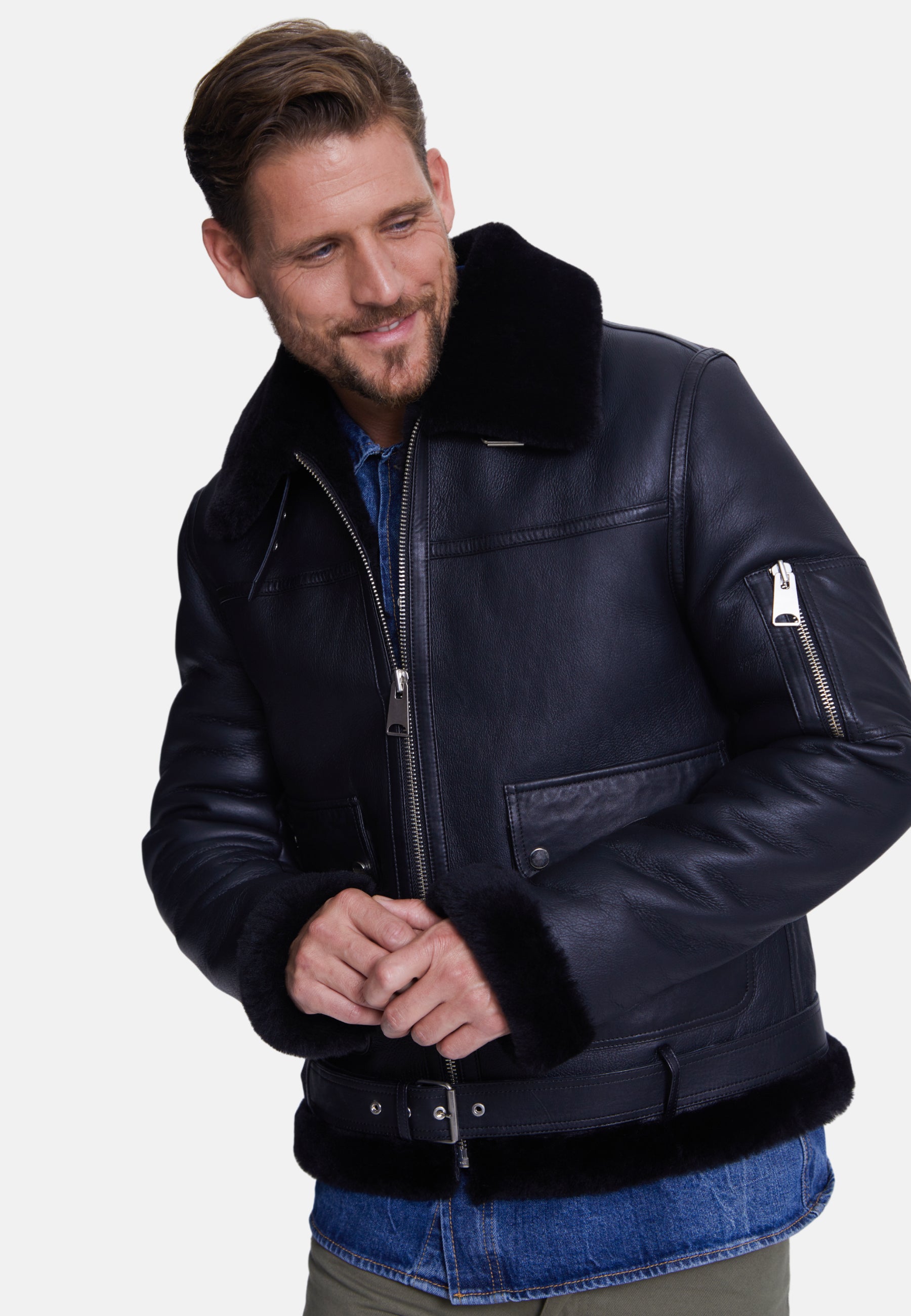 Men's Shearling Belted Pilot Jacket,  Silky Black with Black Wool