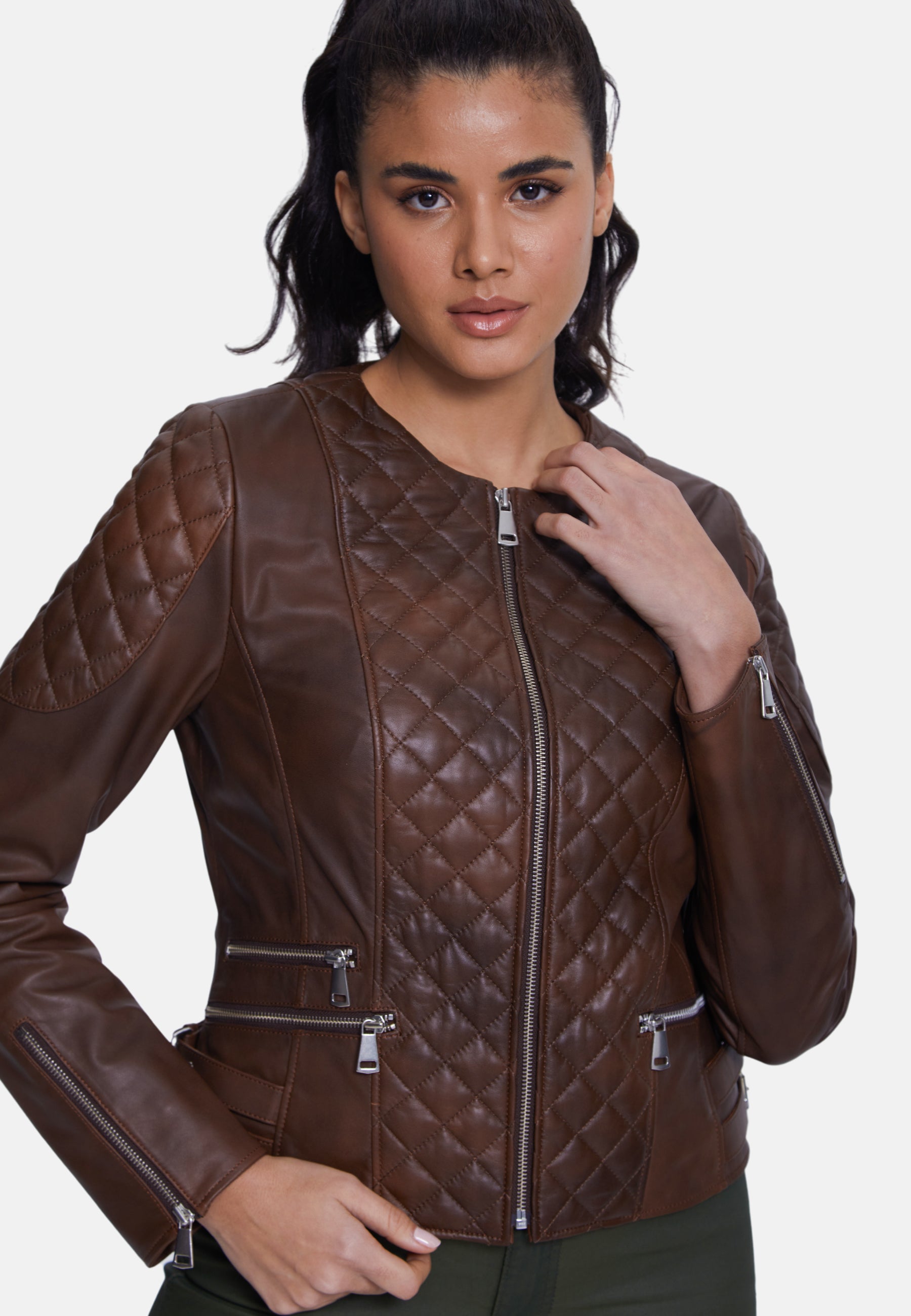 Genuine Leather Quilted Biker Jacket, Whiskey