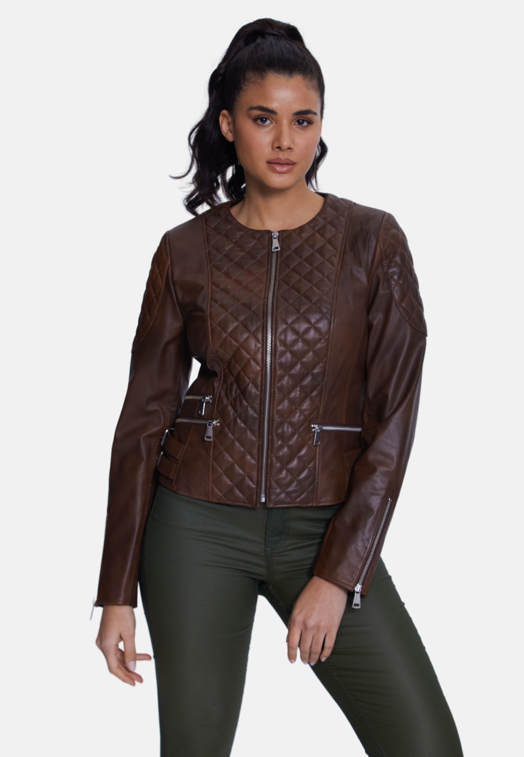 Genuine Leather Quilted Biker Jacket, Whiskey