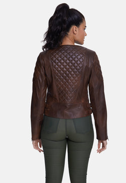 Image of Genuine Leather Quilted Biker Jacket, Whiskey