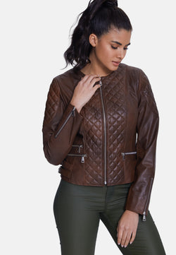 Image of Genuine Leather Quilted Biker Jacket, Whiskey