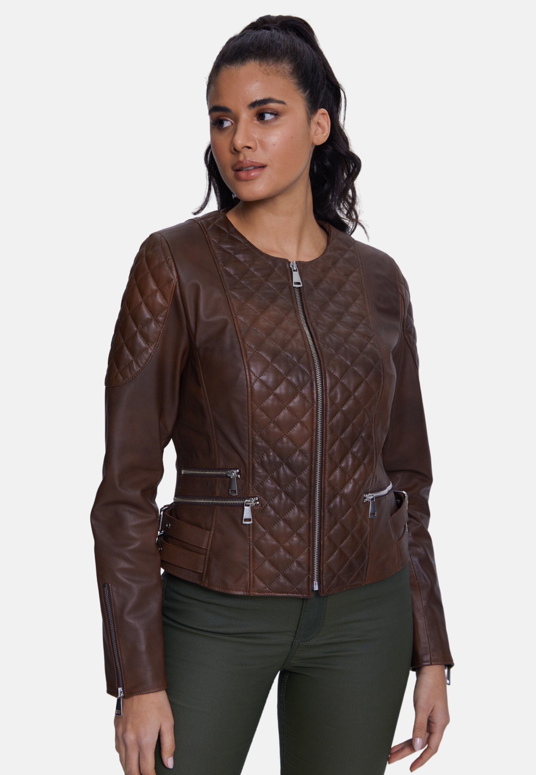 Genuine Leather Quilted Biker Jacket, Whiskey