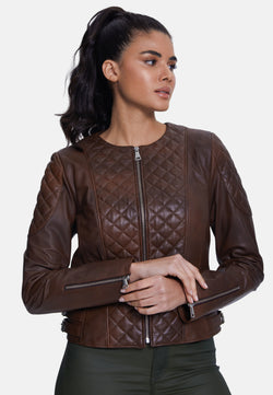 Image of Genuine Leather Quilted Biker Jacket, Whiskey