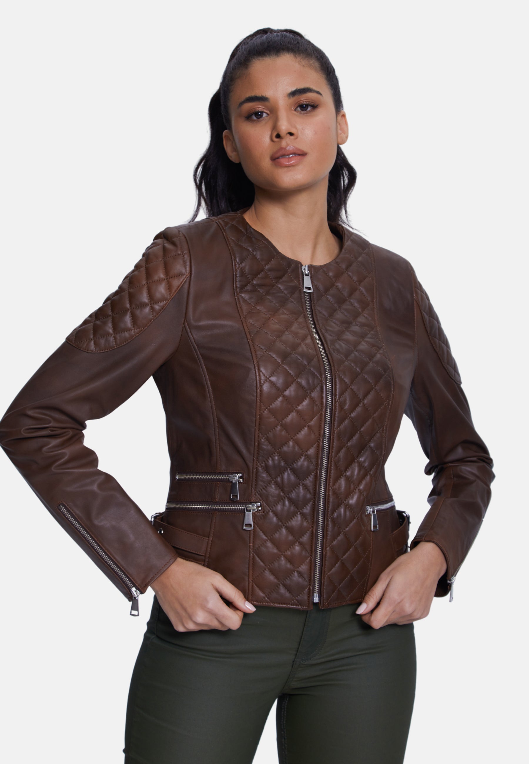 Genuine Leather Quilted Biker Jacket, Whiskey