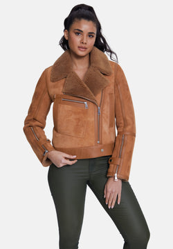 Image of Elegant Suede Jacket, Suede Brick With Camel Curly Wool