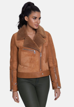 Image of Elegant Suede Jacket, Suede Brick With Camel Curly Wool