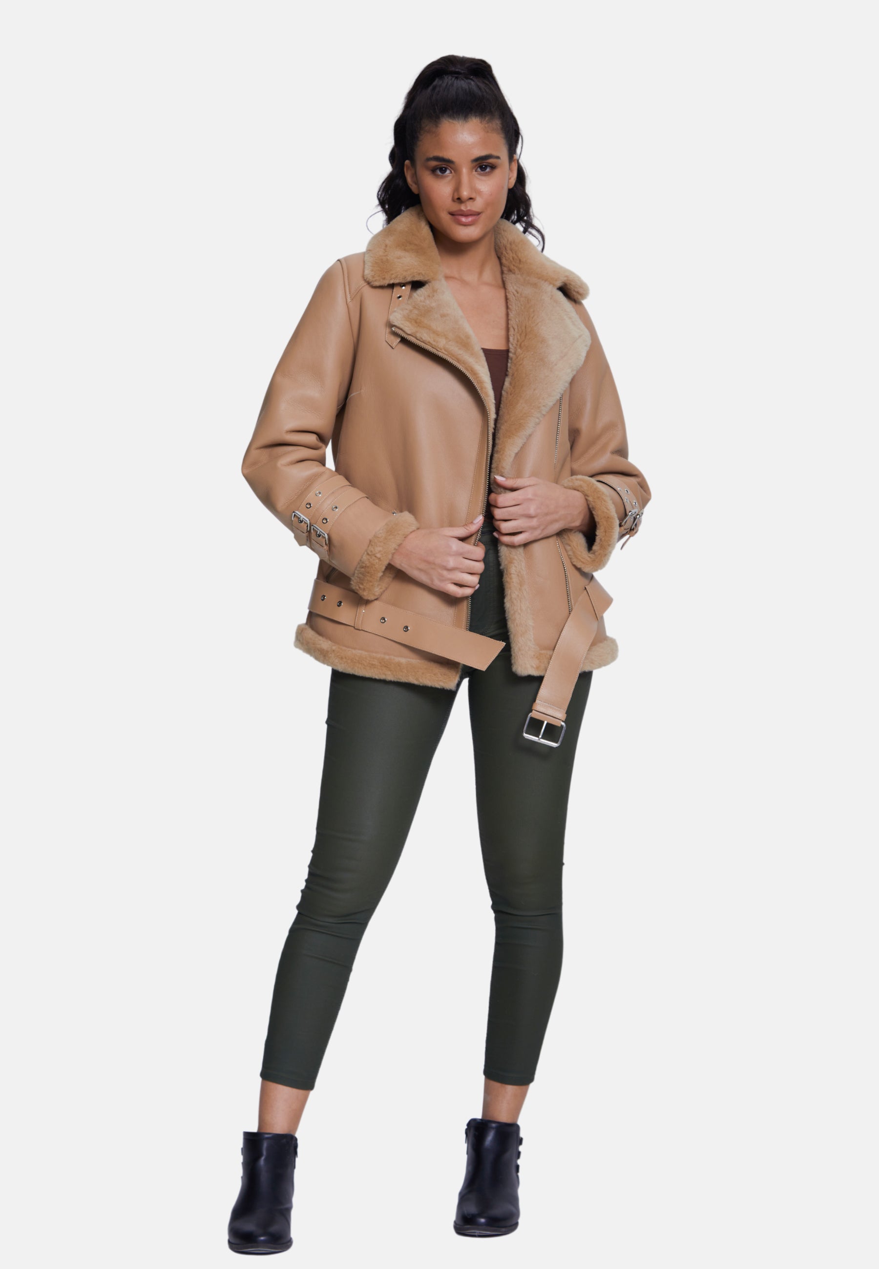 Women's Shearling Belted Biker Jacket, Silky Caramel with Caramel Wool