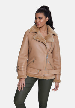 Image of Women's Shearling Belted Biker Jacket, Silky Caramel with Caramel Wool