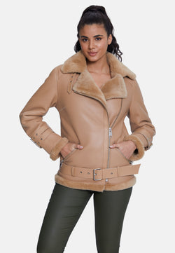 Image of Women's Shearling Belted Biker Jacket, Silky Caramel with Caramel Wool