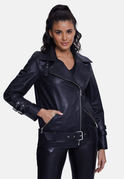 Image of Women's Genuine Leather Belted Biker Jacket,Nappa Black