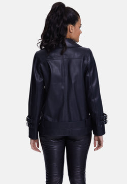 Image of Women's Genuine Leather Belted Biker Jacket,Nappa Black