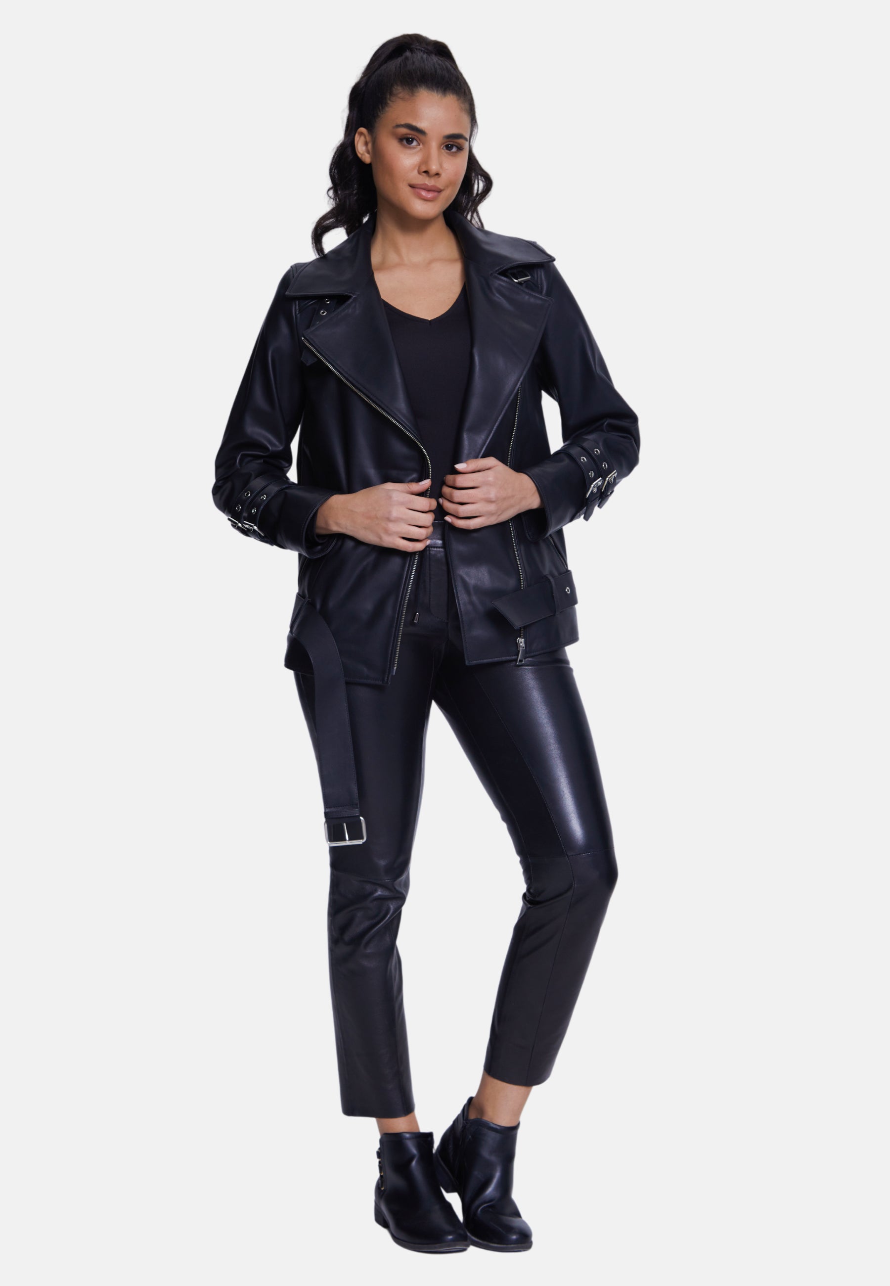 Women's Genuine Leather Belted Biker Jacket,Nappa Black