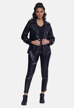 Image of Women's Genuine Leather Belted Biker Jacket,Nappa Black