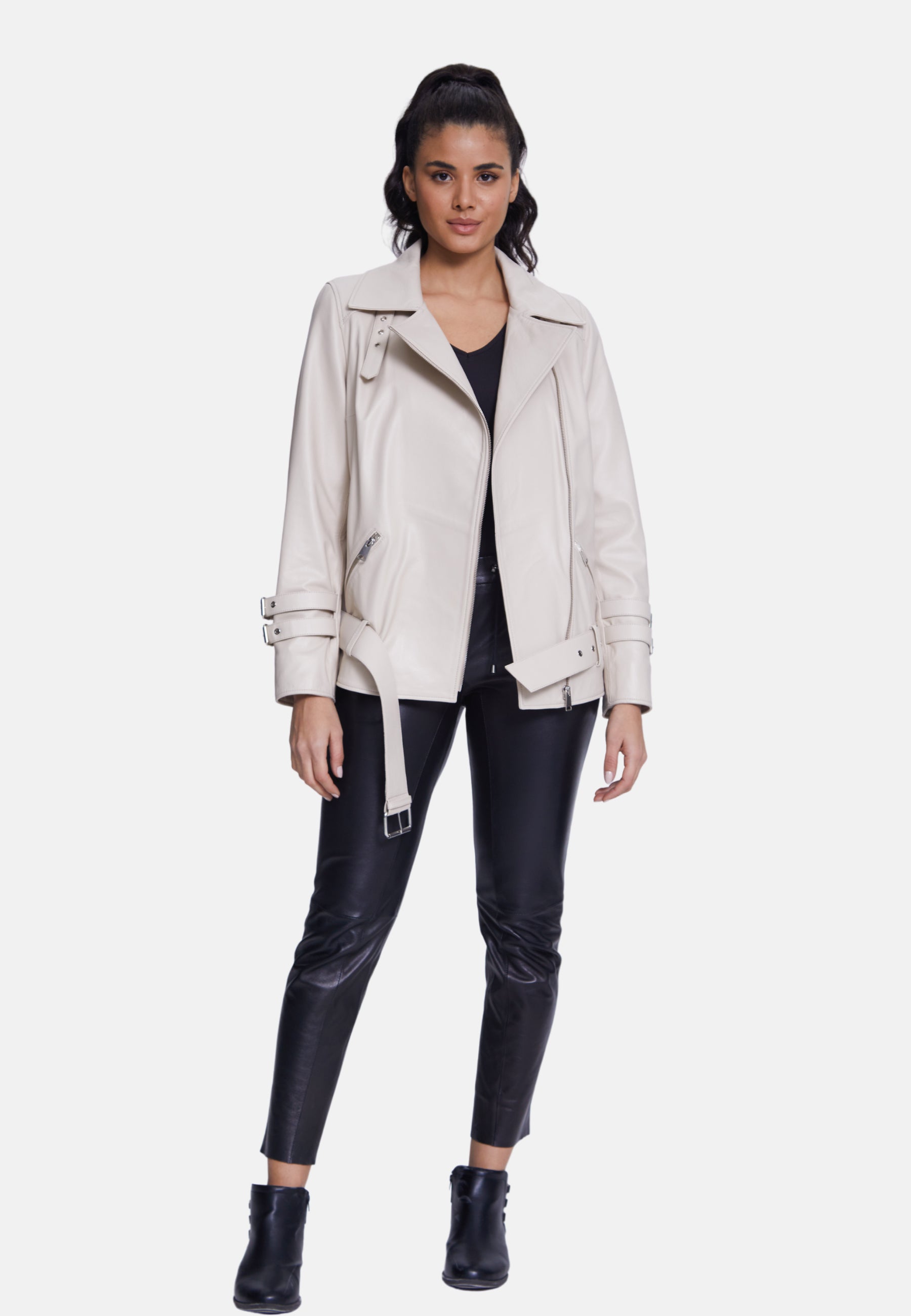 Women's Genuine Leather Belted Biker Jacket,Nappa Beige