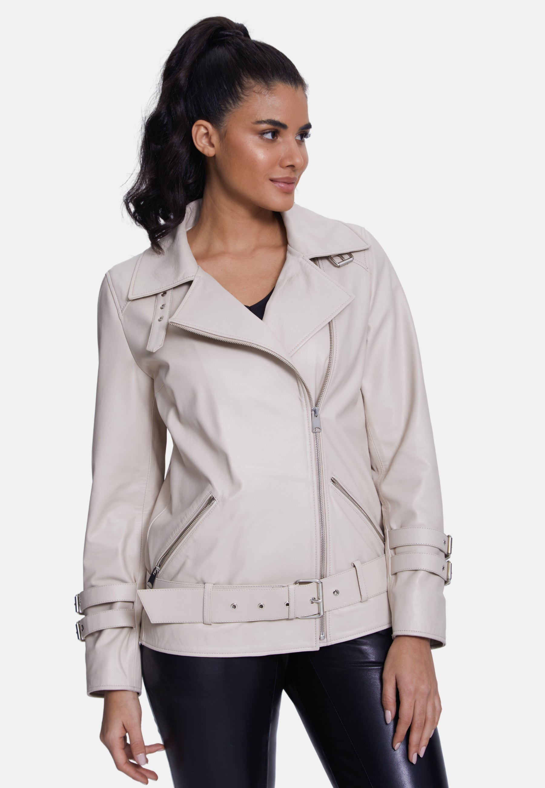 Women's Genuine Leather Belted Biker Jacket,Nappa Beige