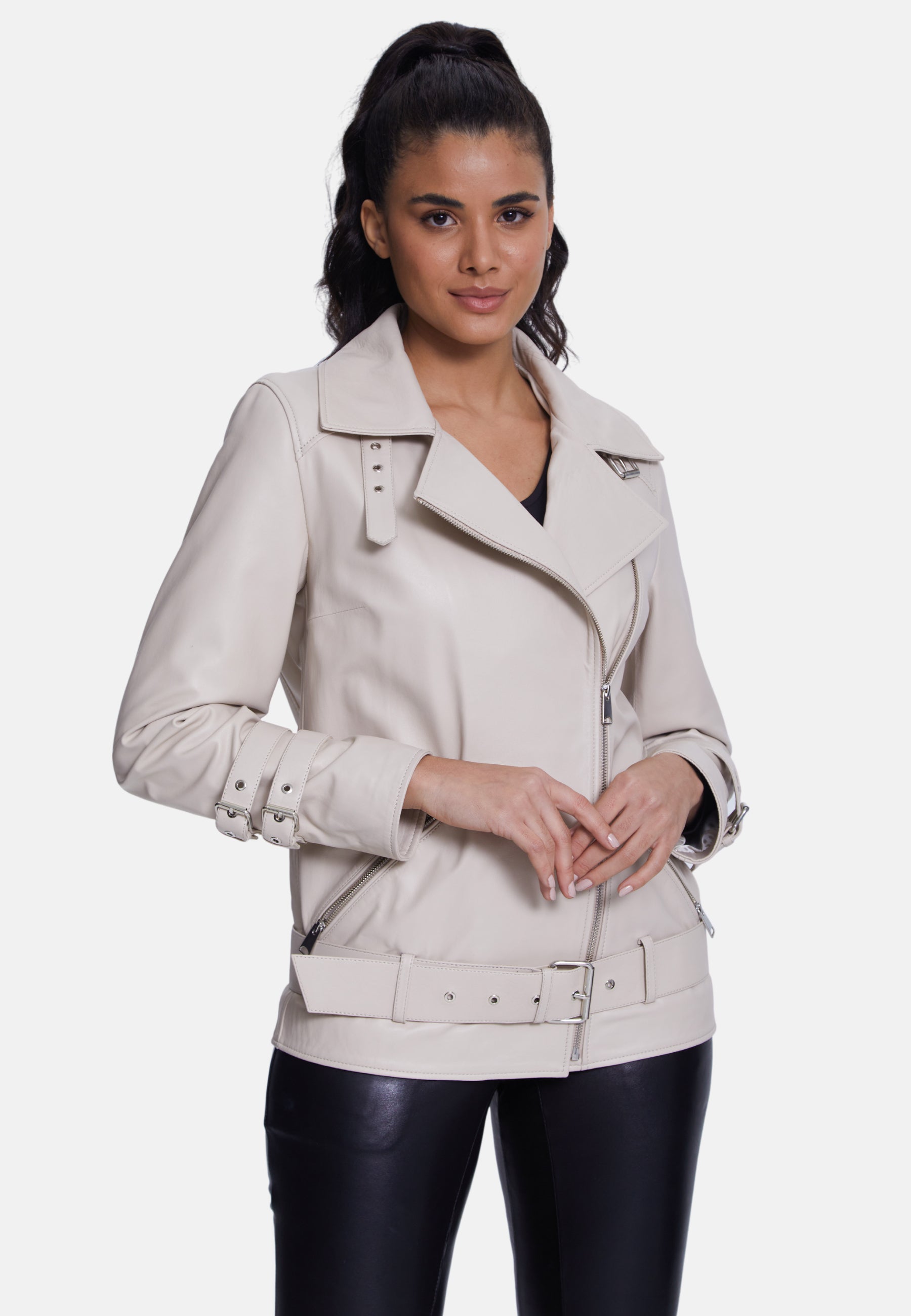 Women's Genuine Leather Belted Biker Jacket,Nappa Beige